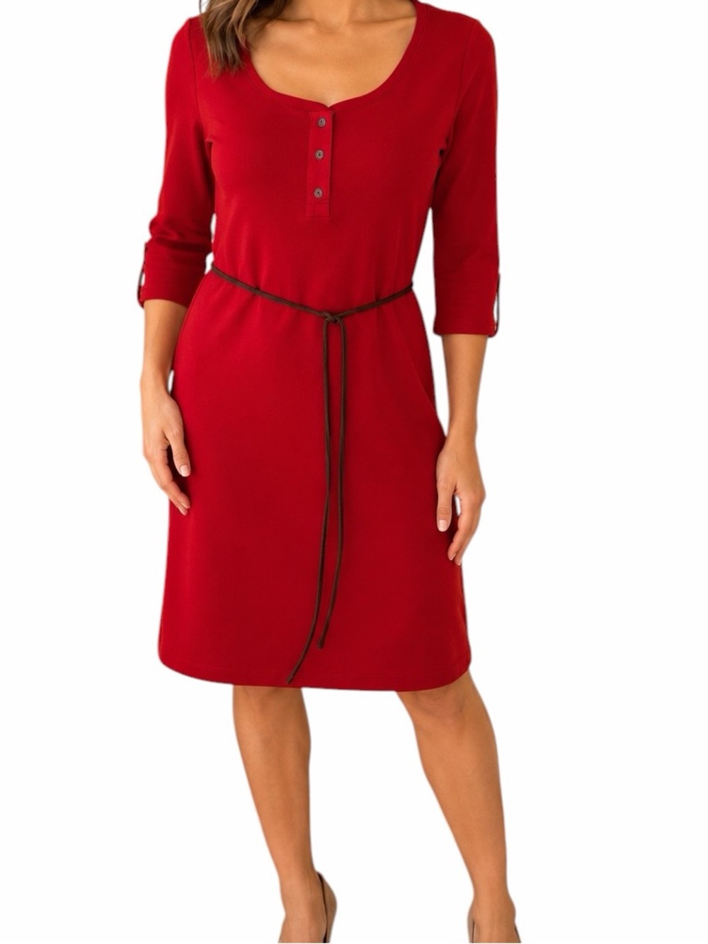 Lauren Ralph Lauren Burgundy Cotton Knit Henley Beltted Shift Dress M